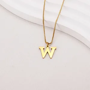 Golden stainless steel letter W pendant necklace featuring a polished box chain