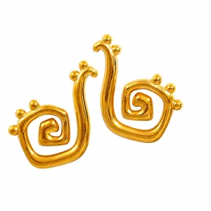 Detailed view of irregular spiral gold-plated stainless steel earrings, 3.5cm diameter