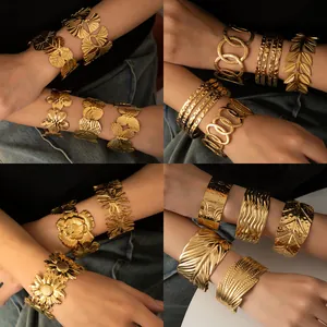 Vintage golden sunflower and geometric titanium steel open cuff bracelets for women