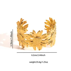 Vintage golden sunflower open bangle cuff in tarnish-free stainless steel for women