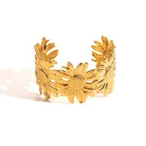 Vintage golden sunflower open bangle bracelet with geometric textured floral petals for women