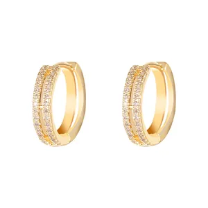 Elegant gold-plated double-row crystal hoop earrings for women with white zircons