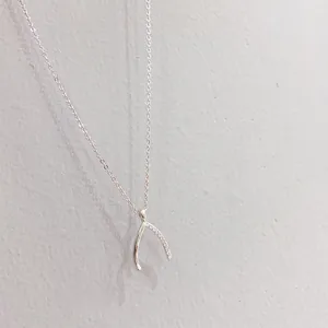 Dettaglio macro del ciondolo a forcella in argento 14K con pietre di zircone cubico