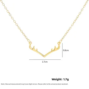 Detail shot of golden elk antler necklace showing dimensions of 1.7cm width and 0.8cm height