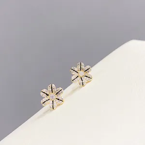 Fashion Gold Plated Copper Floral Stud Earrings And Round Zircon Stud Earrings With 925 Sterling Silver Earring Post Jewelry For Women Girls