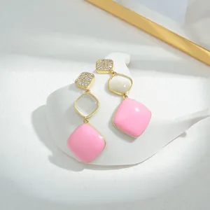 Vintage Copper Drop Earrings With 925 Sterling Silver Earring Post Zircon Faux Cat Eye Stone Pink Enamel Square Earrings