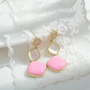 Three-tier geometric square earrings with opal and pink enamel on lace background