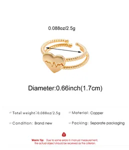 Detailed view of red heart open ring with heartbeat texture and 1.7cm diameter specs