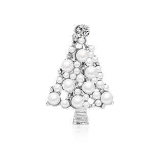 Elegant silver Christmas tree brooch with white pearls and sparkling rhinestone crystal