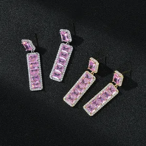 Orecchini pendenti di lusso in argento S925 con zirconi rosa e cristalli luminosi