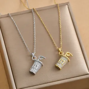 Creative Copper Drink Cup Pendant Necklace With Micro Pave Zirconia Letter M Gold Silver Plated Water Wave Chain Jewelry