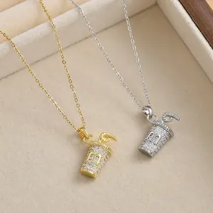 Hip hop style gold and silver necklaces with zircon-encrusted milk tea cup pendants