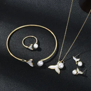 Elegant Mermaid Fishtail Jewelry Set Copper Gold Silver Plated Zirconia Artificial Pearl Shell Necklace Earrings Ring Bracelet For Women
