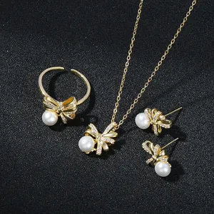 Set di Gioielli in Lega con Fiocco Perla Artificial e Zircone Placcato Oro Argento Con Perno in Argento Sterling 925 Collana Anello