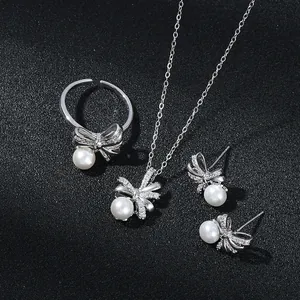 Set di gioielli con fiocco di perle argento collana orecchini e anello aperto regolabile