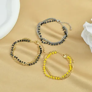 Bracciale in Rame a Doppio Strato Con Perline Geometriche a Cubo e Zirconia Micro Intarsiata Catena Regolabile Gioielli Donna