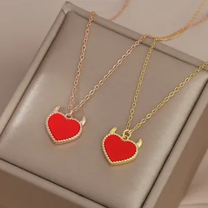 Gold Plated Copper Zirconia Red Enamel Heart Devil Horn Pendant Necklace Water Wave Chain Minimalist Fashion Jewelry For Women