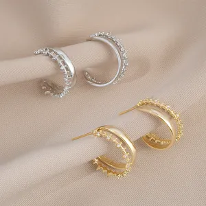 Geometrische C-Förmige Kupfer Zirkonia Ohrstecker Für Damen Mit 925 Sterlingsilber Ohrstecker-Stift Doppellagiger Schmuck Geschenk