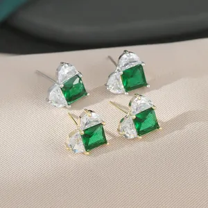 Boucles d'Oreilles Clous en Zirconia Cœur Vintage Français Avec Tige en Argent Sterling 925 Émeraude Rose Bleu Zirconia Bijoux en Cuivre
