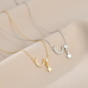 Ster Maan Zirkonia Hanger Halsketting Voor Vrouwen Koper Verguld Sleutelbeenhalsketting Elegant Minimalistisch Sieraden Cadeau