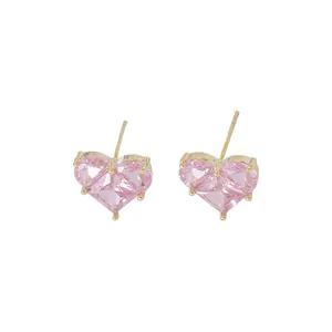 Boucles d'oreilles vintage en or avec cœurs émeraude et tiges en argent S925 massif