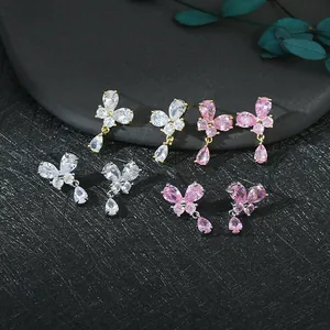 Butterfly Zirconia Drop Earrings With 925 Sterling Silver Earring Post Gold Silver Pink Waterdrop Dangle Earrings For Women
