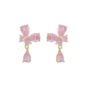 Pink zircon butterfly drop earrings with gold-plated base and sparkling teardrop stones