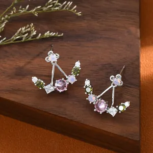 Boucles d'oreilles en argent S925 avec zircons et opale sur un support de luxe