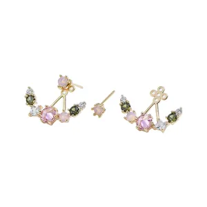 Boucles d'oreilles croissant en or avec micro-pavage de zircons et pierres colorées