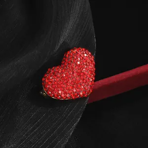 Elegant red heart brooch with crystals on gold metal, luxury jewelry for women suit decor