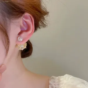 Elegant S925 silver needle pearl stud earrings with zircon crown setting for women
