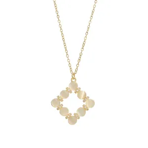 Gold-plated cat eye stone square pendant necklace with micro-p镶 inlaid zircons for women