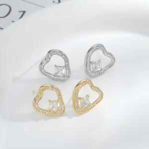 Elegant Heart Stud Earrings With 925 Sterling Silver Earring Post Copper Zirconia Hollow Love Heart Jewelry For Women