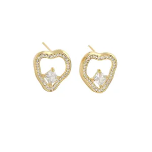 Elegant gold heart earrings with micro-pave cubic zirconia and square crystal drop