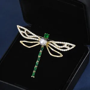 Luxury Dragonfly Brooch For Women Gold Plated Copper Micro Pave Zirconia Emerald Green Gemstone Artificial Pearl Insect Pin Jewelry