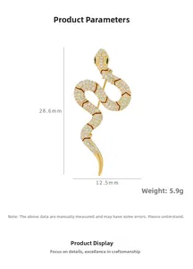 Detailed dimensions of 18K gold plated snake brooch with cubic zirconia and red enamel
