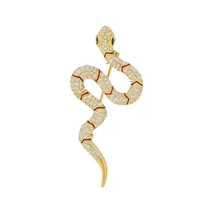 Gold-plated snake brooch with sparkling cubic zirconia and red enamel accents