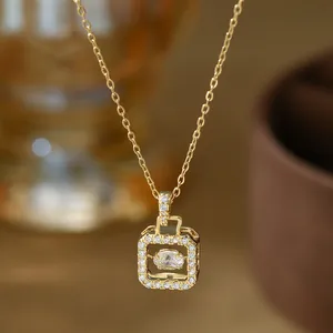 Dancing Stone Square Zirconia Pendant Necklace Copper Real Gold Plated Geometric Clavicle Chain Jewelry For Women Gift