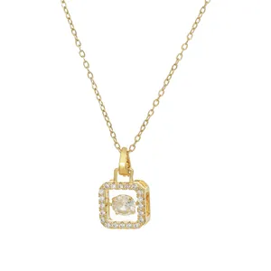 Gold-plated square sugar cube necklace with floating zircon stone and pavé setting