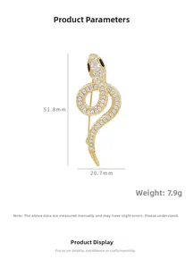 Detail of gold-plated snake brooch with white zircons, dimensions 51.8mm by 20.7mm