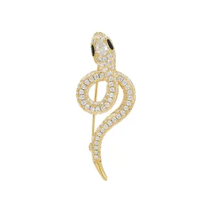 Elegant gold plated snake brooch with white zircon pave setting and drop-shaped crystal