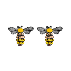 Classic bee stud earrings with colorful rhinestones and yellow enamel finish
