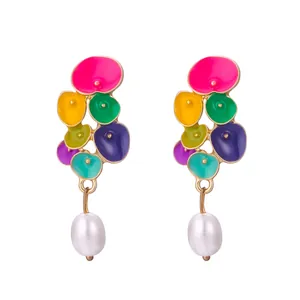 Colorful enamel drop earrings with vibrant zinc alloy plates and white pearl pendants