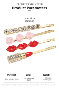 Detailed size chart for lipstick and floral hair clip set made of zinc alloy and resin