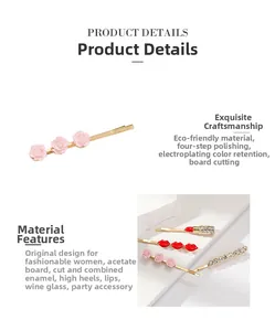Detailed view of hair clip set with enamel rose flower, red lips, and lipstick charms