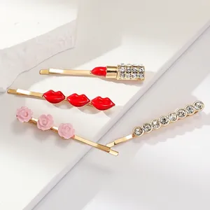 Gold Plated Alloy Hair Clips For Women With Rhinestone Lipstick Red Lips Pink Rose Flower And Geometric Bobby Pins Jewelry