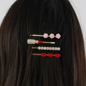 Chic 4-piece set of red lip and rose flower hair clips with sparkling rhinestones