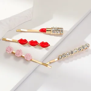 Fashionable four-piece hair clip set with red lips, pink roses and shiny rhinestones