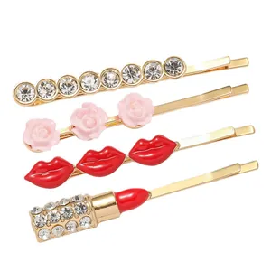 Fashion four-piece hair clip set with red lips, rose flower, and lipstick rhinestones