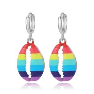 Vintage rainbow enamel shell hoop earrings featuring colorful striped alloy pendants
